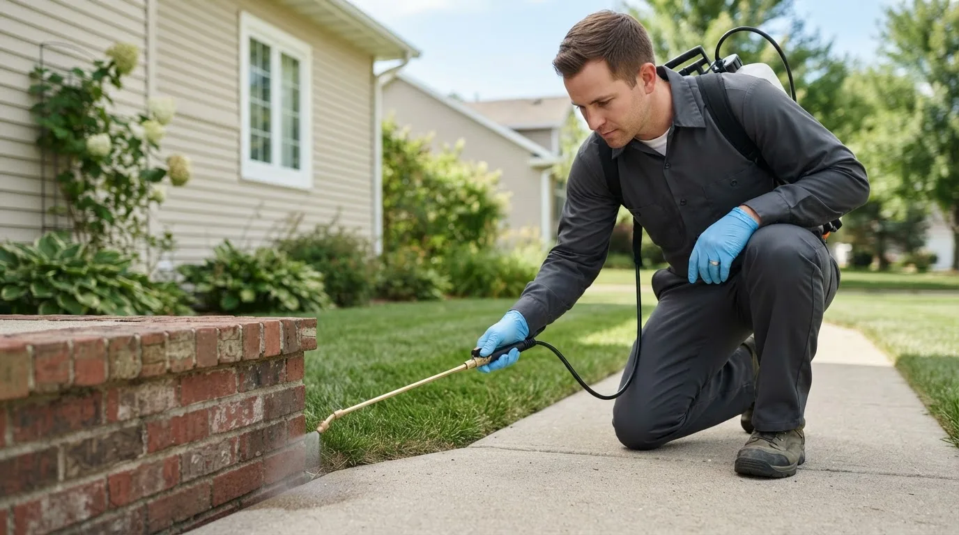 Pest control technician treating a home near Geneva, ID